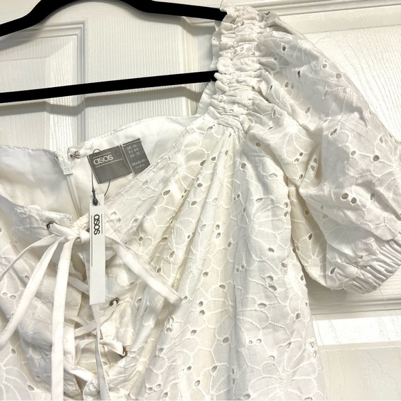 NWT ASOS DESIGN lace up broderie off shoulder mini sundress in white womens 12 - Picture 4 of 11